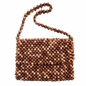 VINTAGE 1960's Beaded Brown Wood Bohemian Shoulder Bag